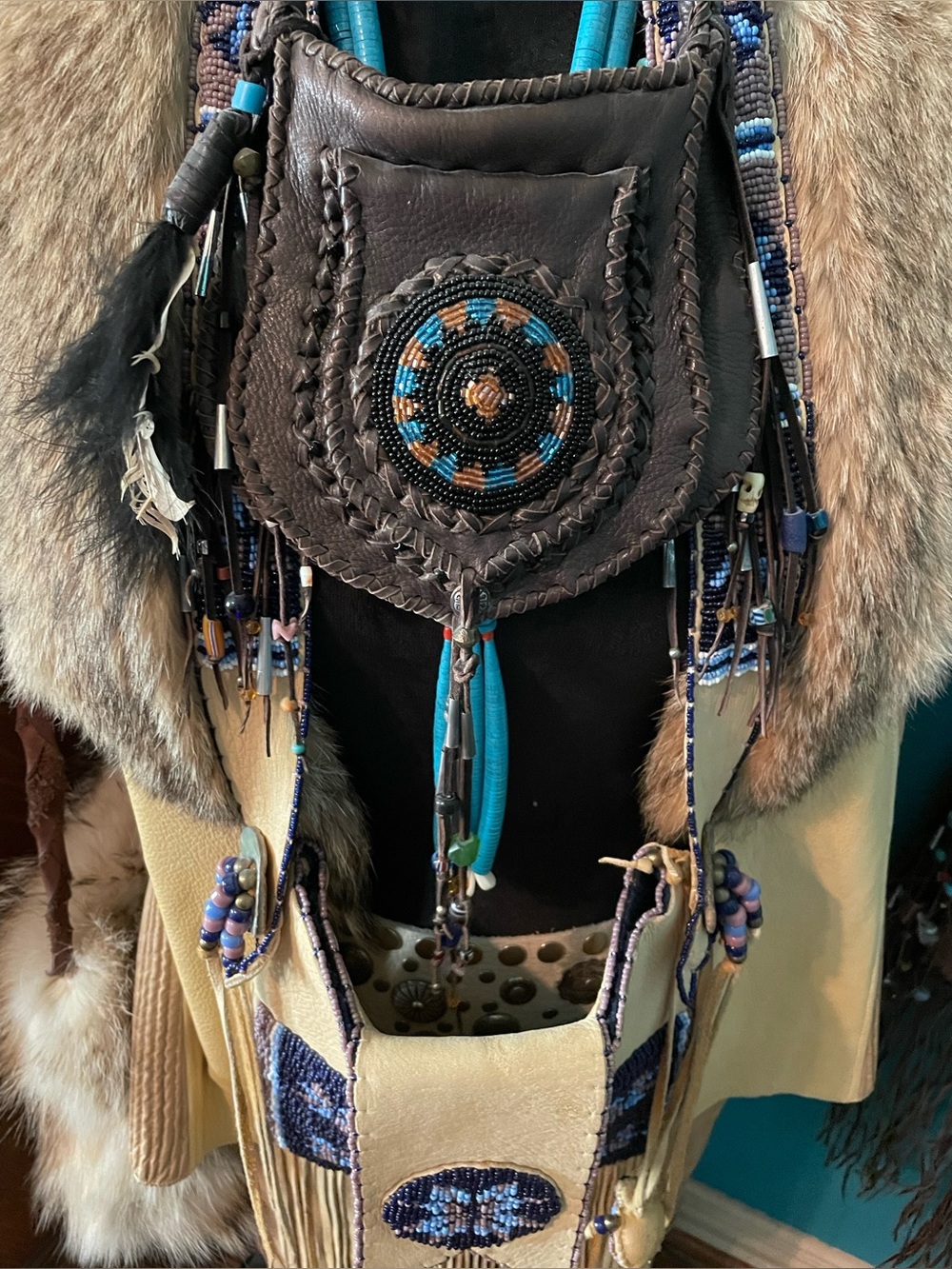 Handcrafted Brown Leather Beaded Fringe Crossbody Bag - Brown & Turquoise